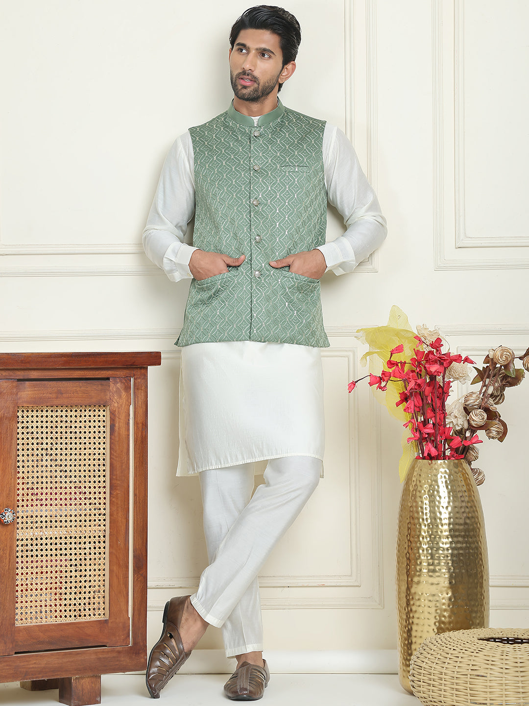 Embroidered Nehru Jacket With Solid Kurta Pyjama ( ANMKPWC 592W 7021Green  )