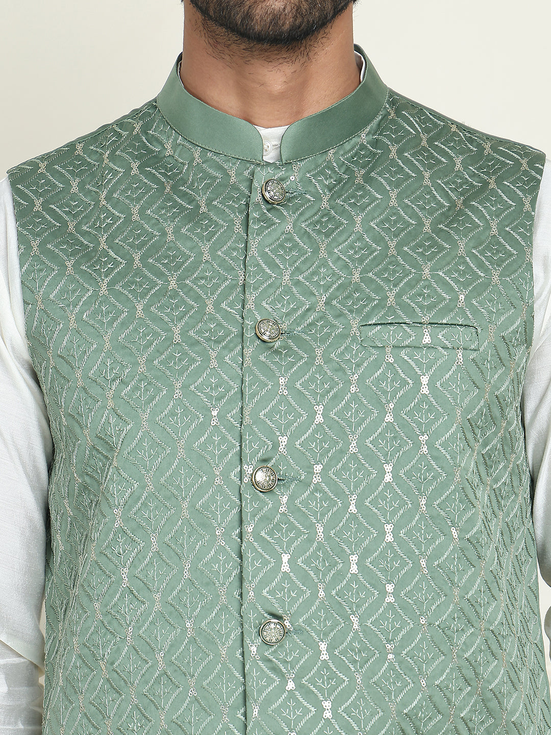 Embroidered Nehru Jacket With Solid Kurta Pyjama ( ANMKPWC 592W 7021Green  )