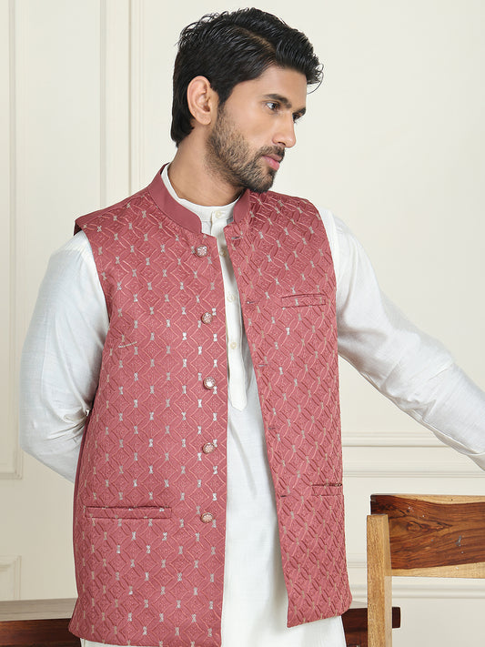 Embroidered Nehru Jacket With Solid Kurta Pyjama ( ANMKPWC 592W 7021Peach  )