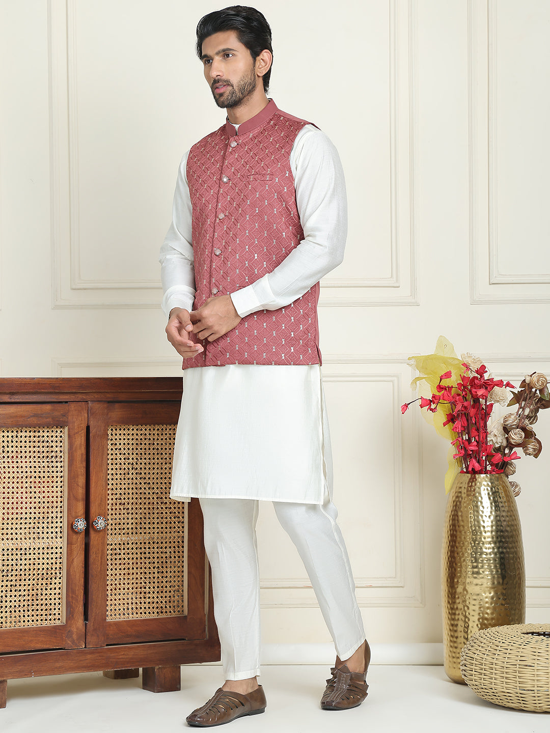 Embroidered Nehru Jacket With Solid Kurta Pyjama ( ANMKPWC 592W 7021Peach  )