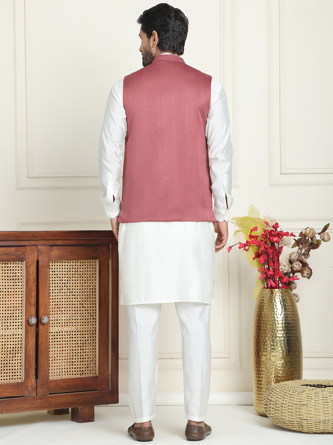 Embroidered Nehru Jacket With Solid Kurta Pyjama ( ANMKPWC 592W 7021Peach  )