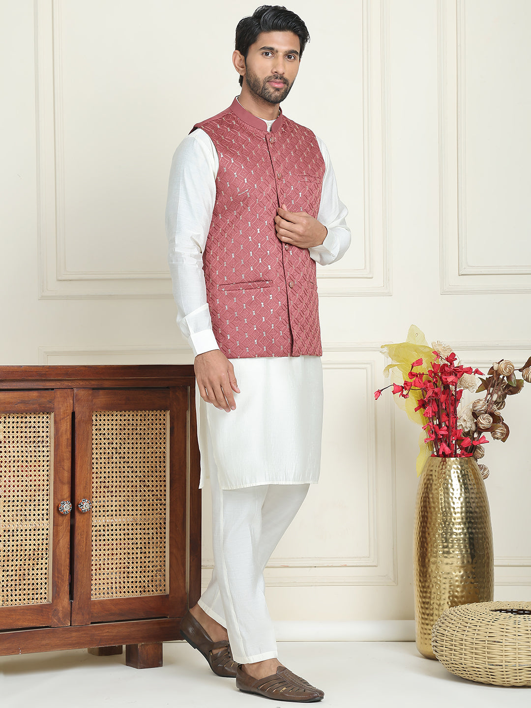 Embroidered Nehru Jacket With Solid Kurta Pyjama ( ANMKPWC 592W 7021Peach  )