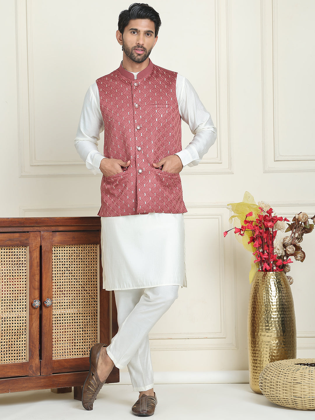 Embroidered Nehru Jacket With Solid Kurta Pyjama ( ANMKPWC 592W 7021Peach  )
