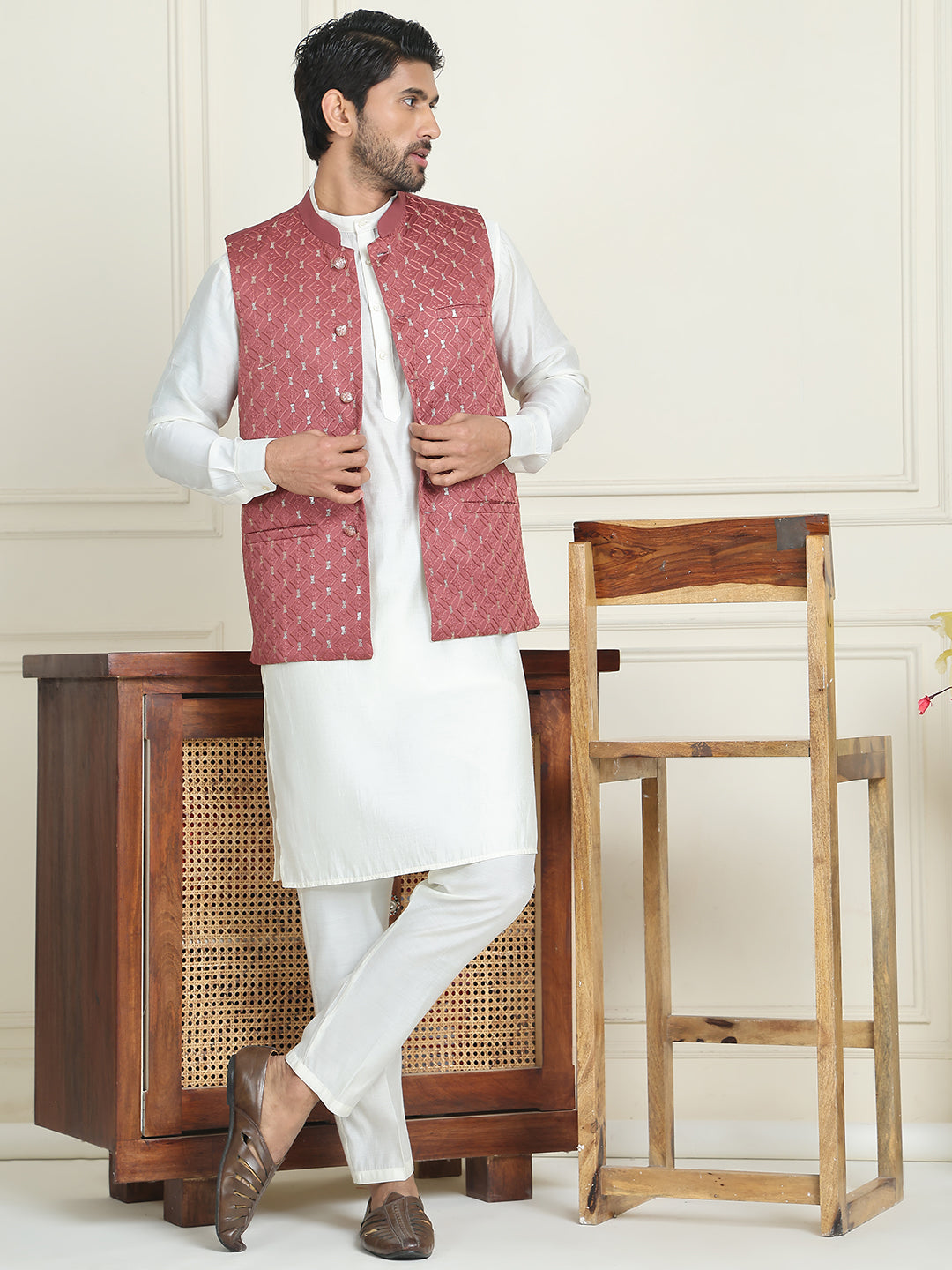 Embroidered Nehru Jacket With Solid Kurta Pyjama ( ANMKPWC 592W 7021Peach  )