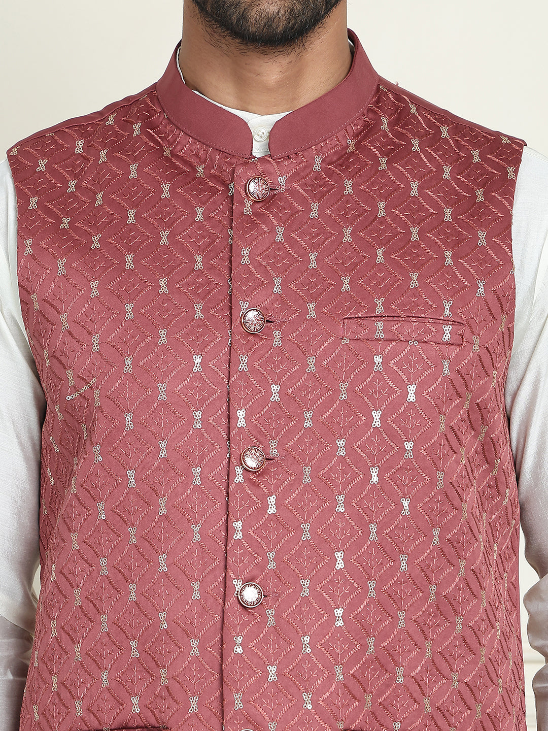 Embroidered Nehru Jacket With Solid Kurta Pyjama ( ANMKPWC 592W 7021Peach  )