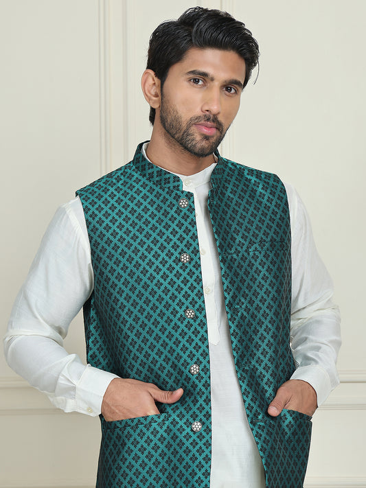 Men's Woven Design Nehru Jacket With Solid Kurta Pyjama ( ANMKPWC 592W 7023Green  )