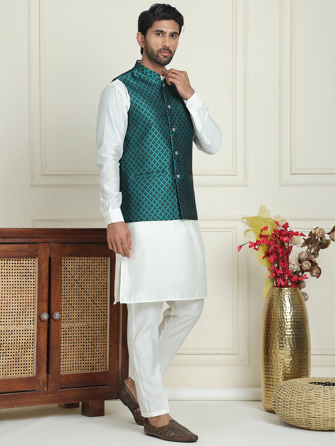 Men's Woven Design Nehru Jacket With Solid Kurta Pyjama ( ANMKPWC 592W 7023Green  )