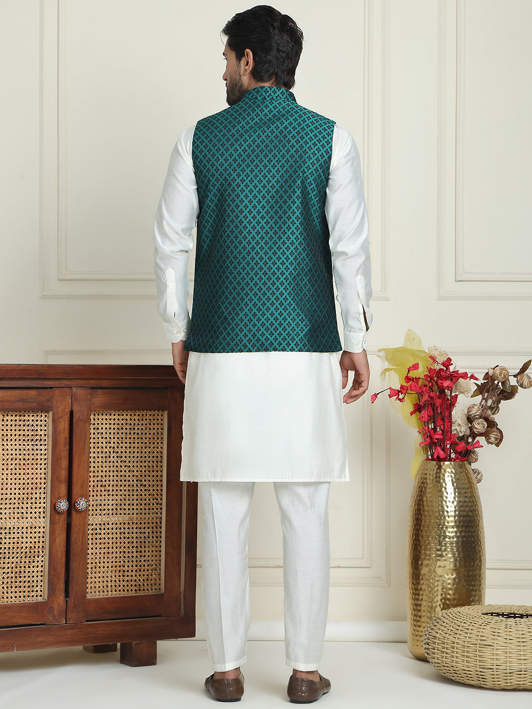 Men's Woven Design Nehru Jacket With Solid Kurta Pyjama ( ANMKPWC 592W 7023Green  )
