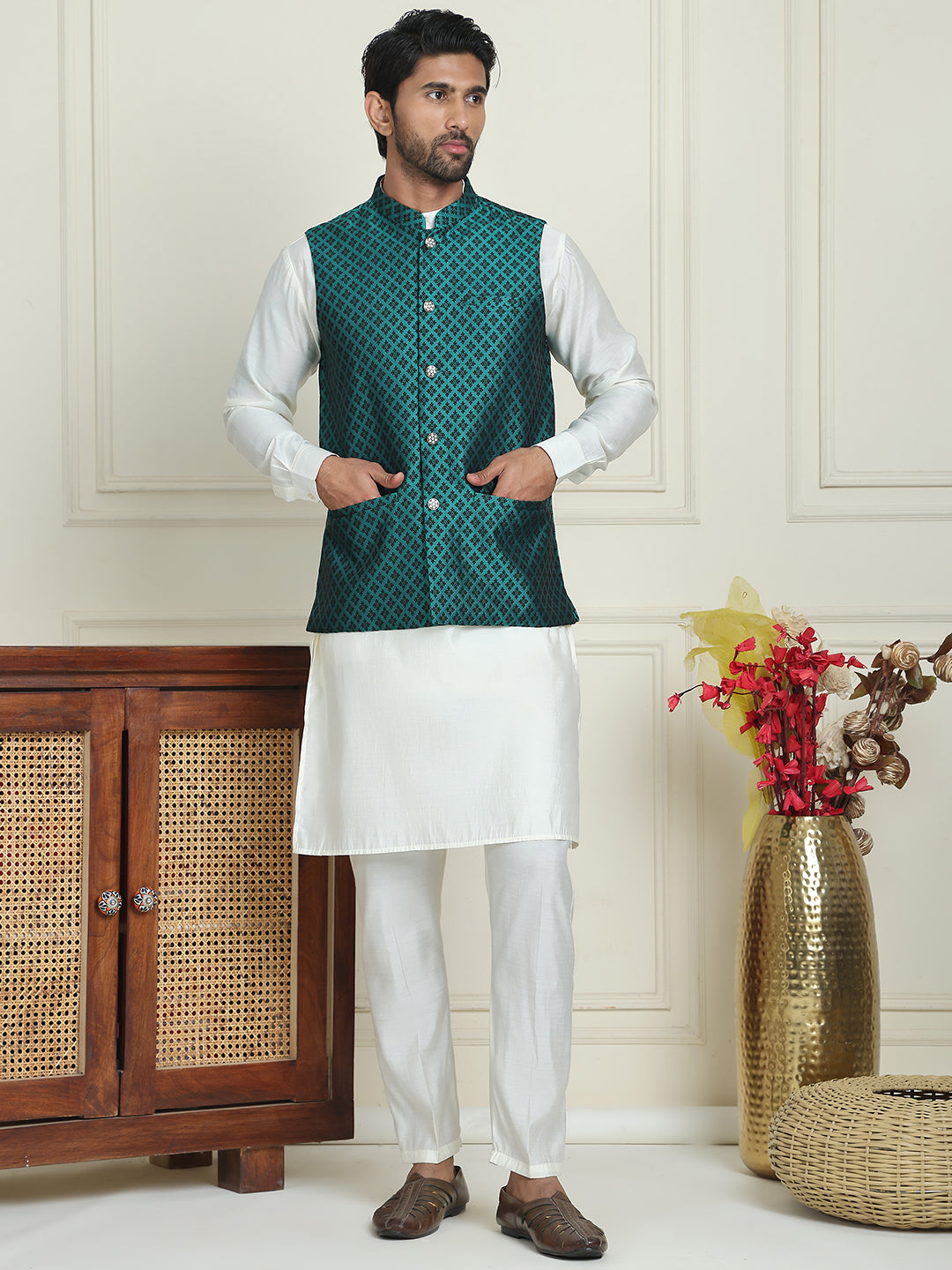 Men's Woven Design Nehru Jacket With Solid Kurta Pyjama ( ANMKPWC 592W 7023Green  )