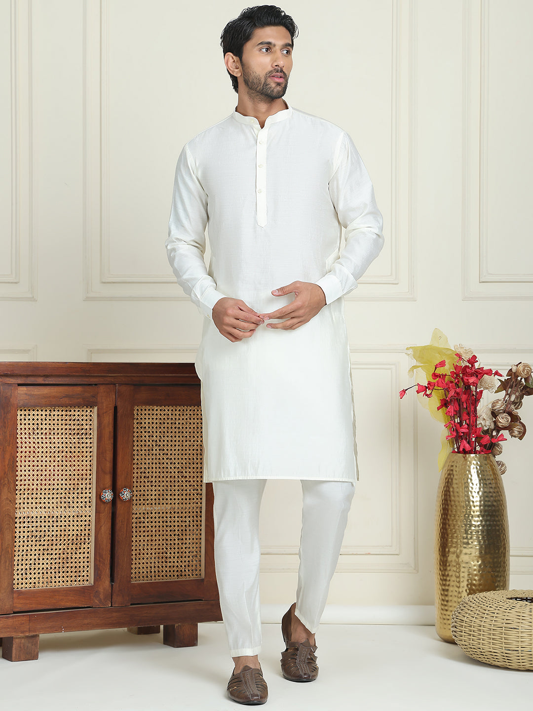 Men's Woven Design Nehru Jacket With Solid Kurta Pyjama ( ANMKPWC 592W 7023Green  )