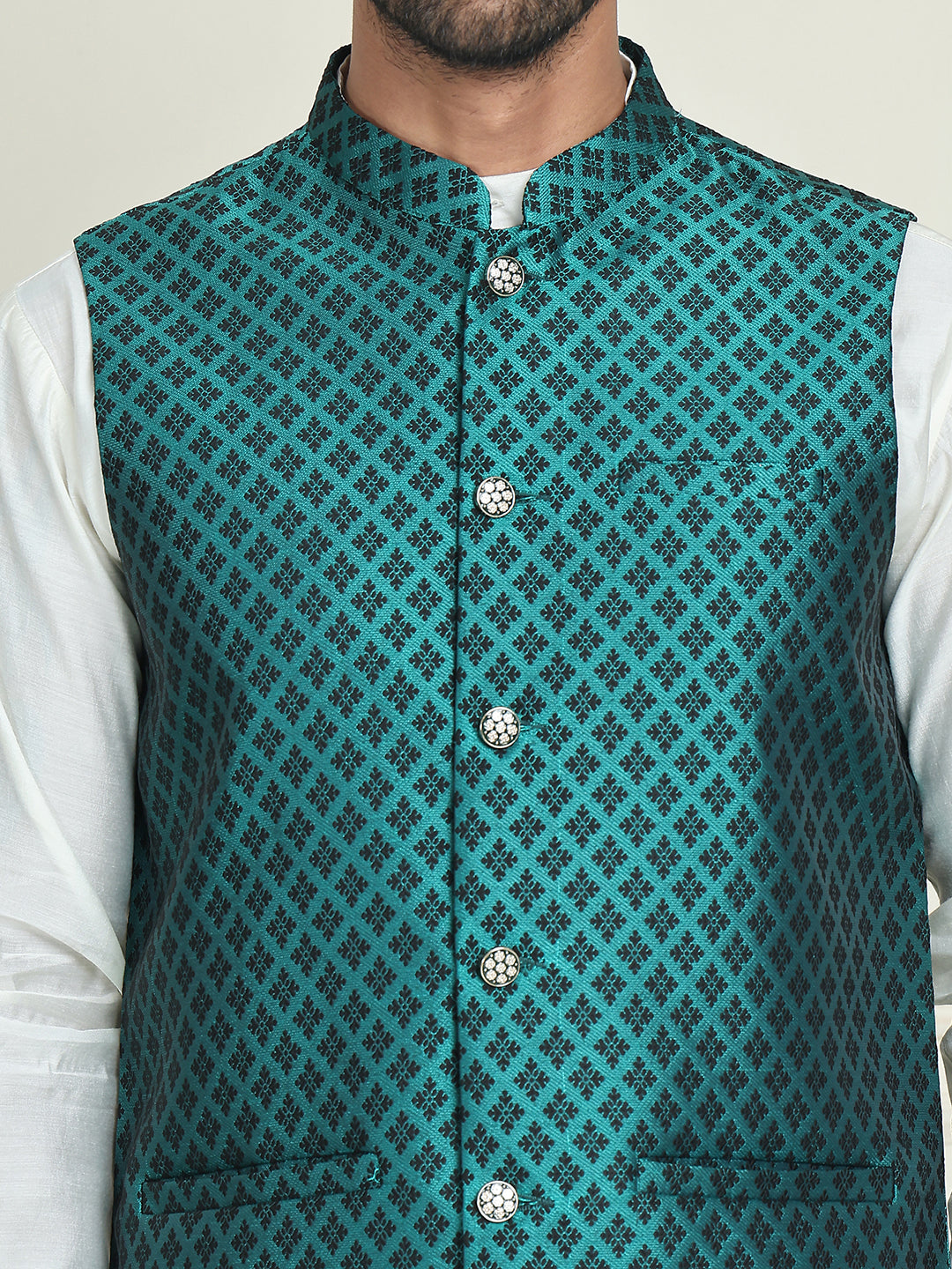 Men's Woven Design Nehru Jacket With Solid Kurta Pyjama ( ANMKPWC 592W 7023Green  )