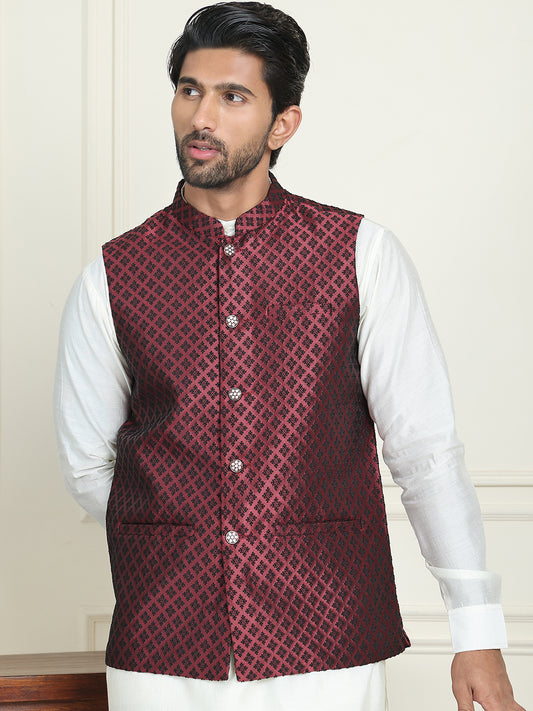 Men's Woven Design Nehru Jacket With Solid Kurta Pyjama ( ANMKPWC 592W 7023Maroon  )