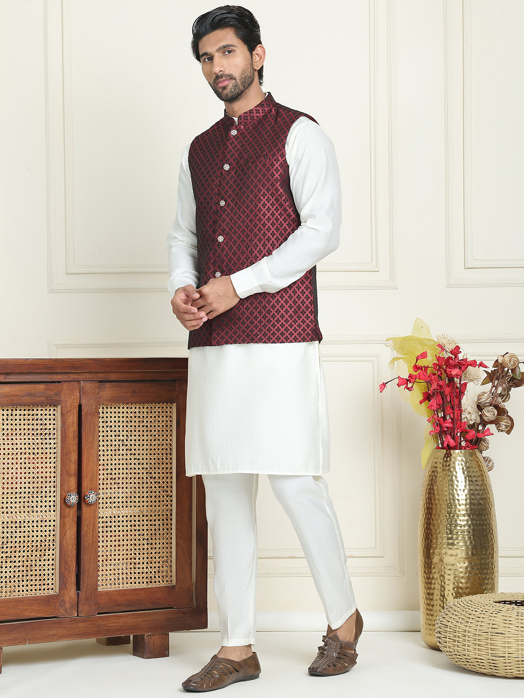 Men's Woven Design Nehru Jacket With Solid Kurta Pyjama ( ANMKPWC 592W 7023Maroon  )