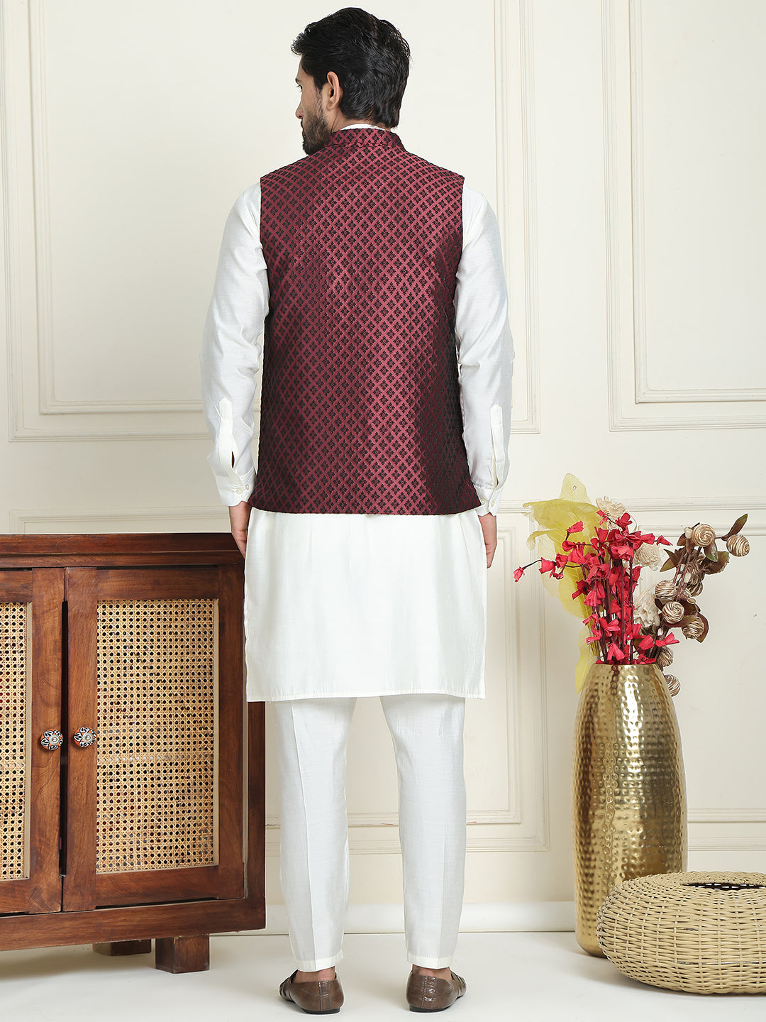 Men's Woven Design Nehru Jacket With Solid Kurta Pyjama ( ANMKPWC 592W 7023Maroon  )