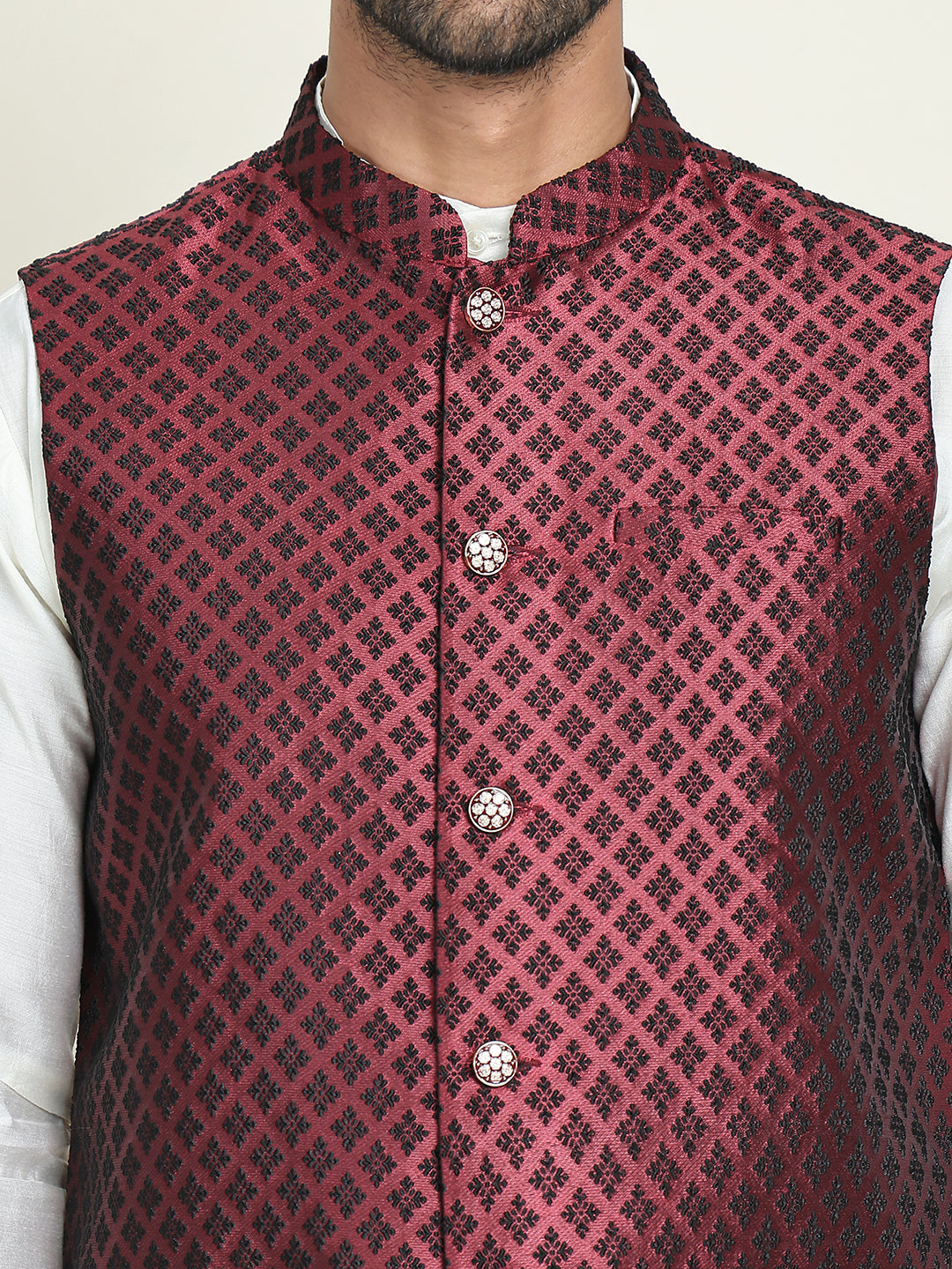 Men's Woven Design Nehru Jacket With Solid Kurta Pyjama ( ANMKPWC 592W 7023Maroon  )