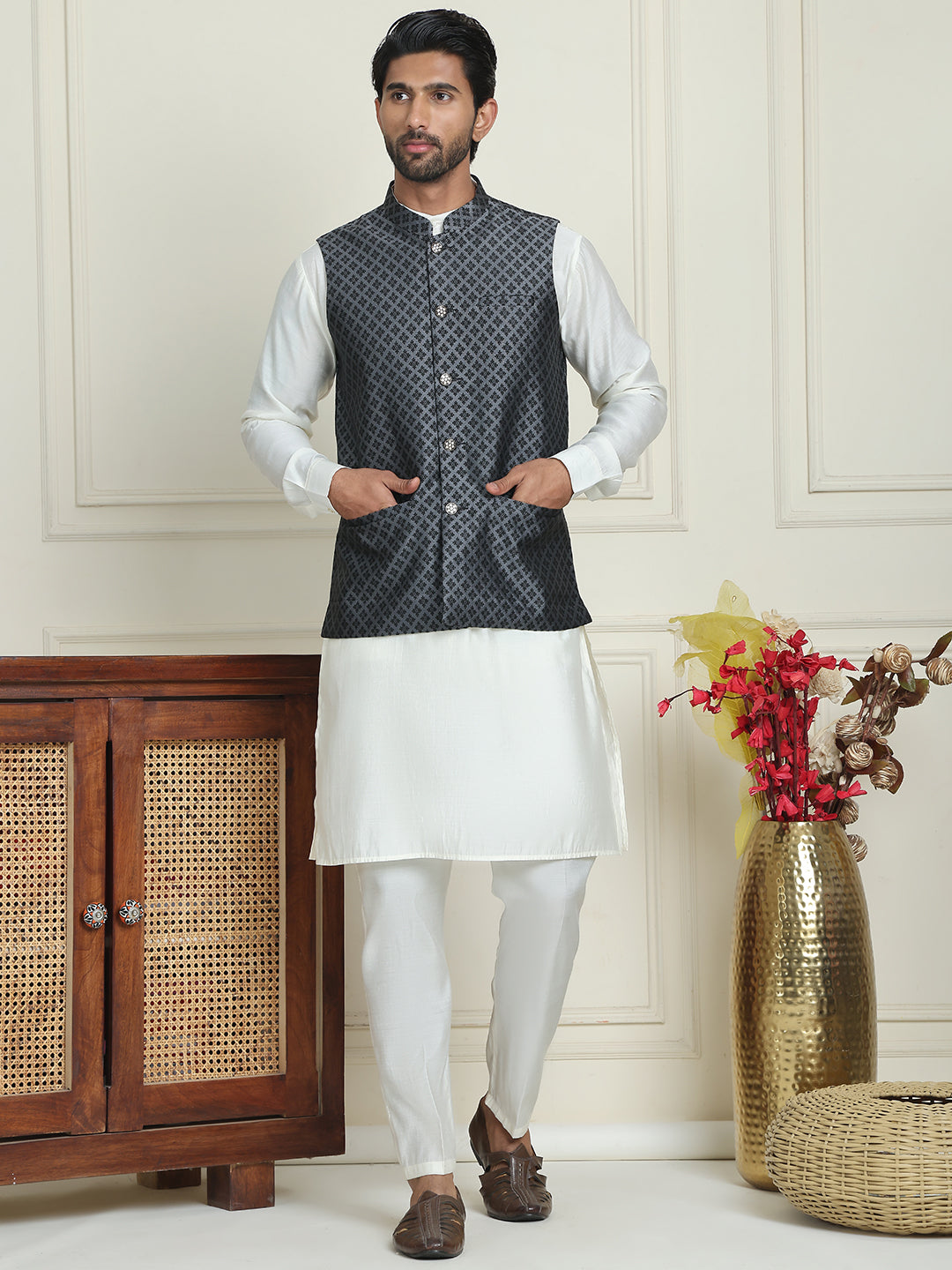 Men's Woven Design Nehru Jacket With Solid Kurta Pyjama ( ANMKPWC 592W 7023Silver )
