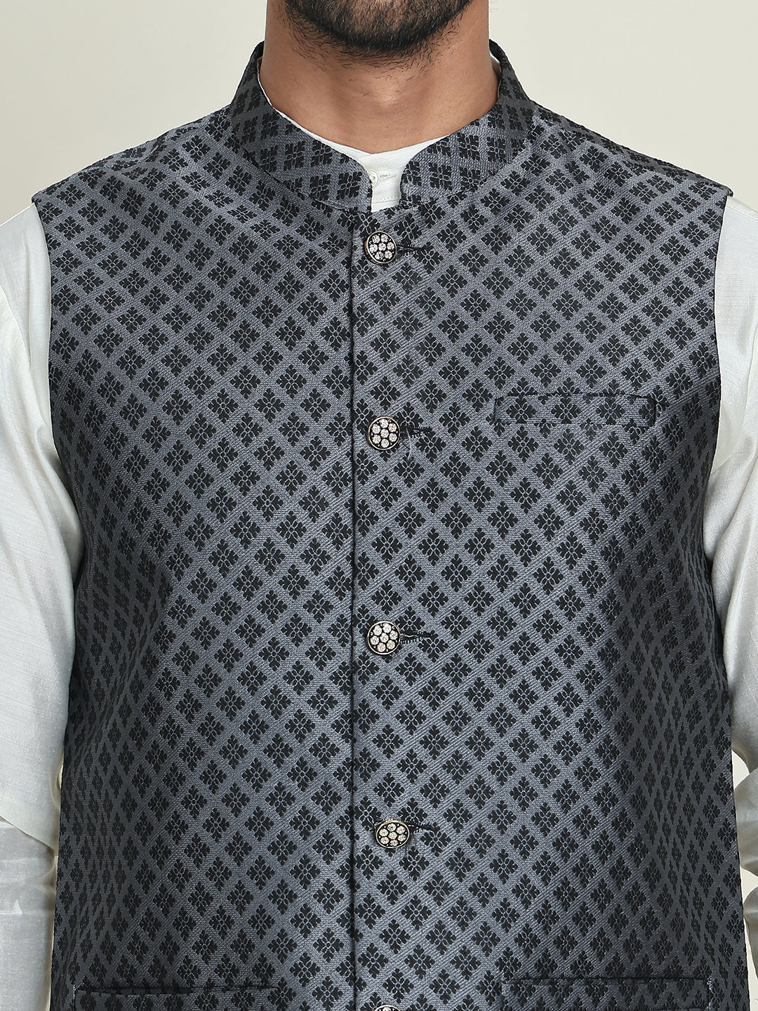 Men's Woven Design Nehru Jacket With Solid Kurta Pyjama ( ANMKPWC 592W 7023Silver )
