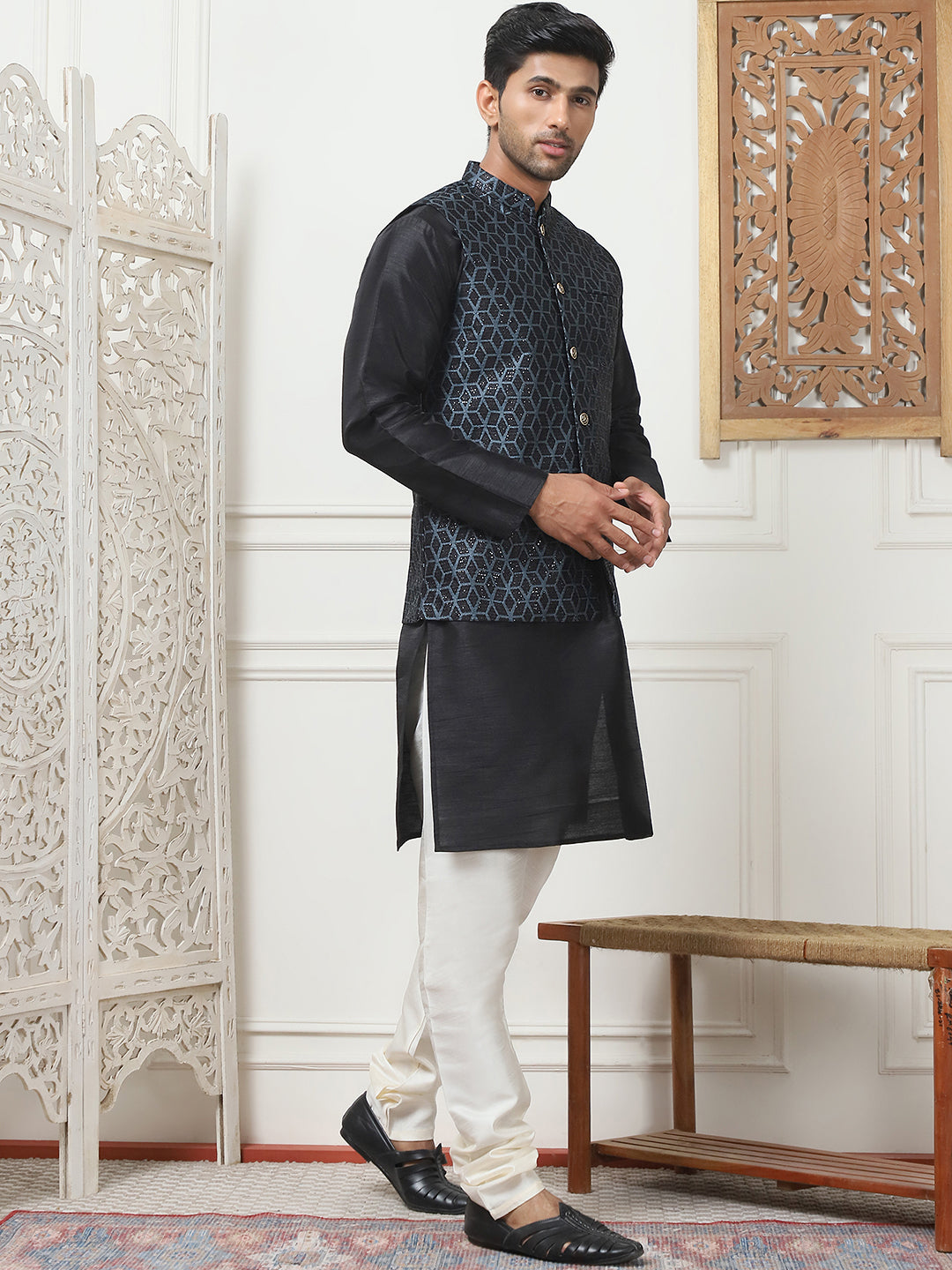 Woven Design Nehru Jacket With Solid Kurta Pyjama ( ANMKPWC 636B 7014Black )