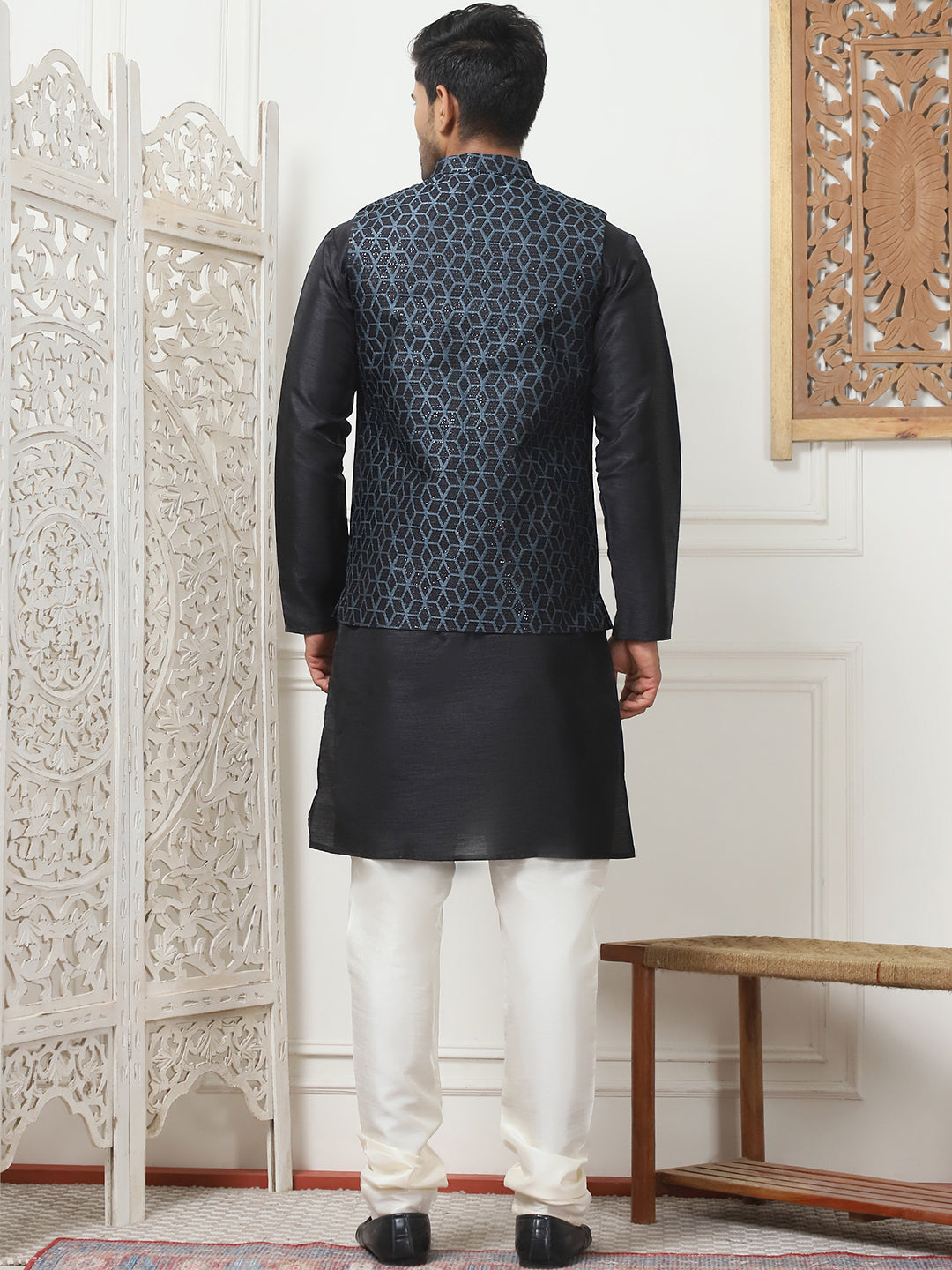 Woven Design Nehru Jacket With Solid Kurta Pyjama ( ANMKPWC 636B 7014Black )