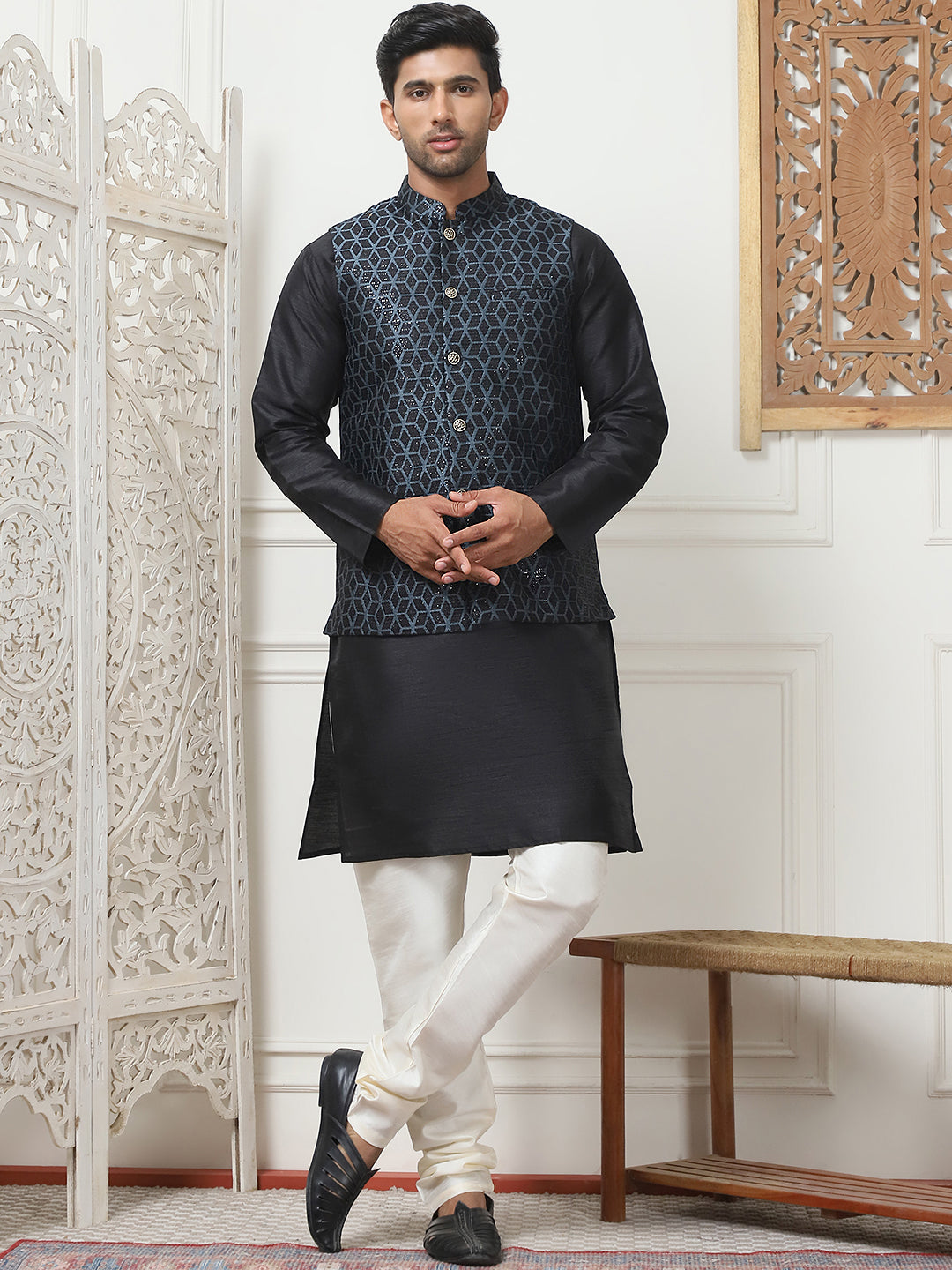 Woven Design Nehru Jacket With Solid Kurta Pyjama ( ANMKPWC 636B 7014Black )