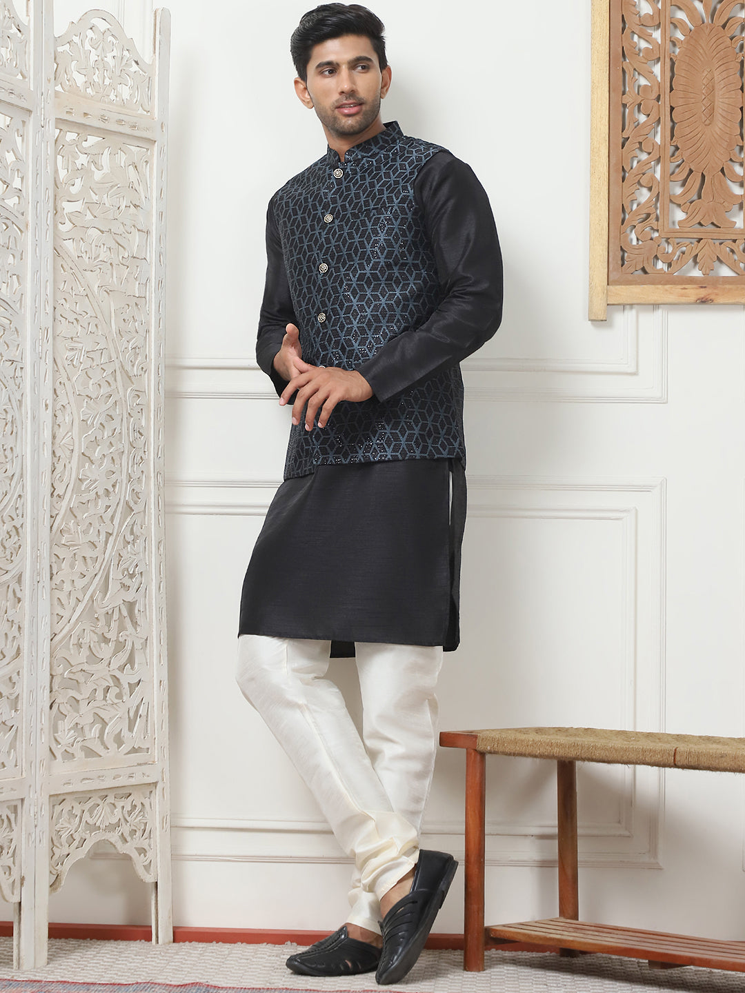 Woven Design Nehru Jacket With Solid Kurta Pyjama ( ANMKPWC 636B 7014Black )
