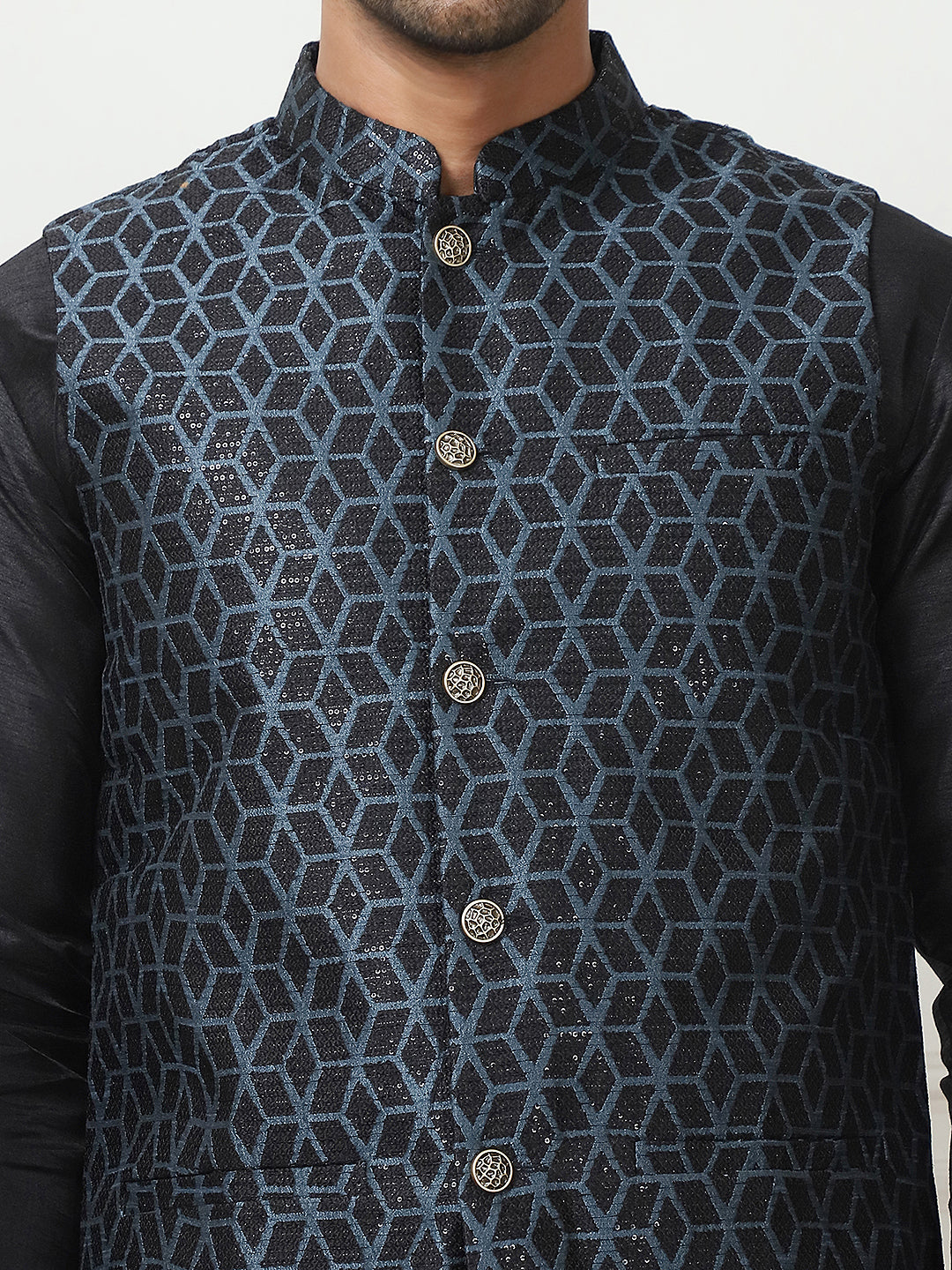 Woven Design Nehru Jacket With Solid Kurta Pyjama ( ANMKPWC 636B 7014Black )