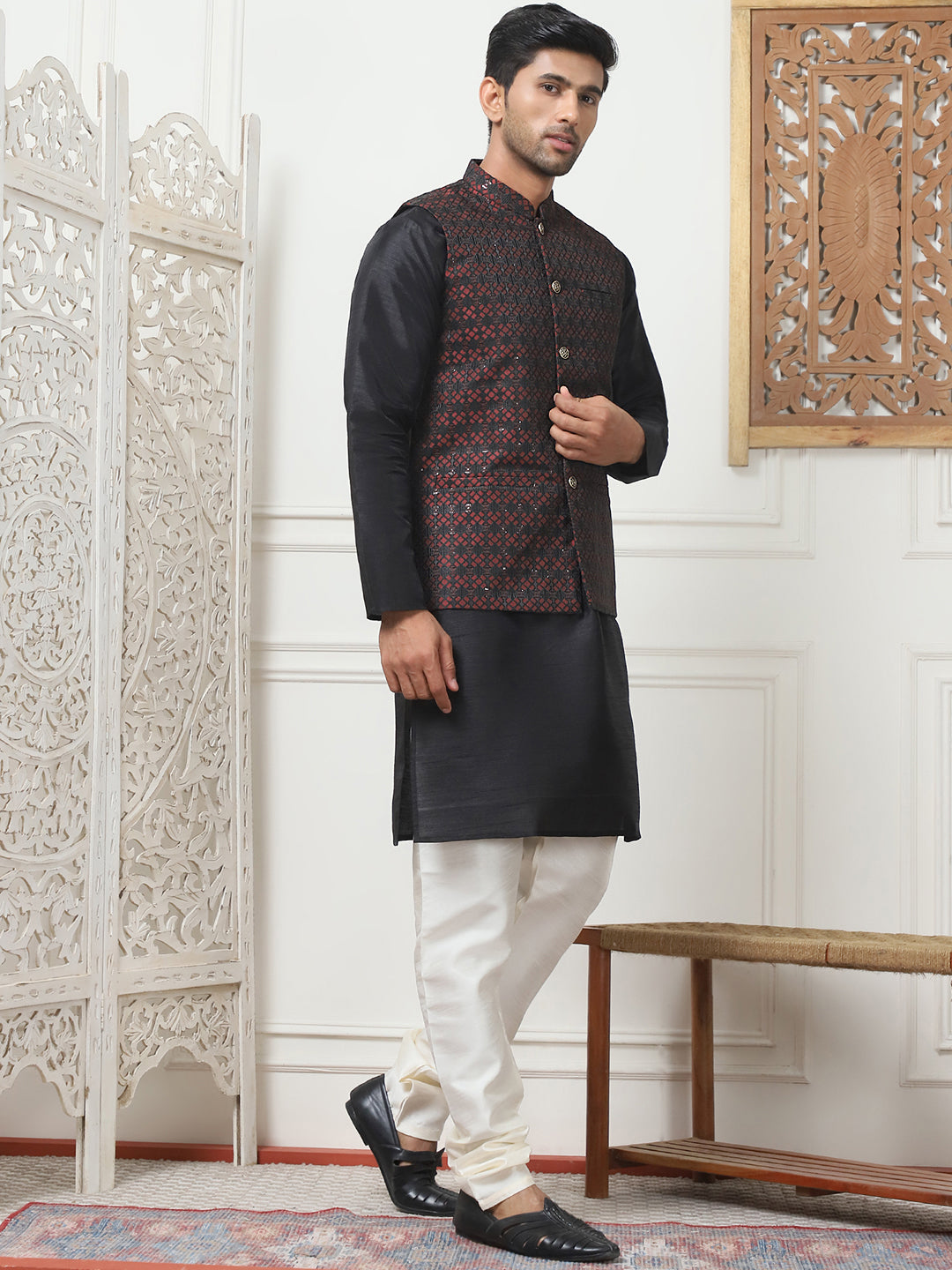 Woven Design Nehru Jacket With Solid Kurta Pyjama ( ANMKPWC 636B 7015Maroon )