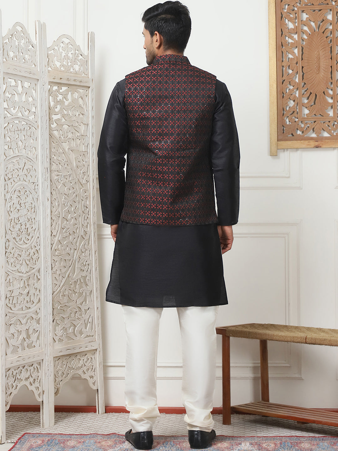 Woven Design Nehru Jacket With Solid Kurta Pyjama ( ANMKPWC 636B 7015Maroon )