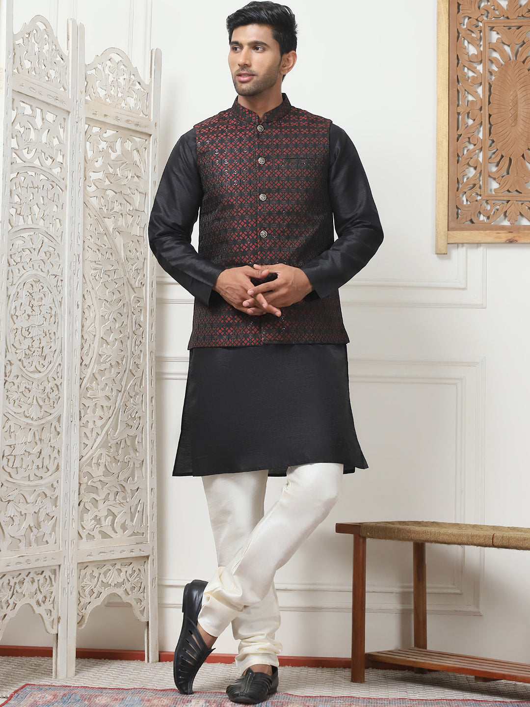 Woven Design Nehru Jacket With Solid Kurta Pyjama ( ANMKPWC 636B 7015Maroon )
