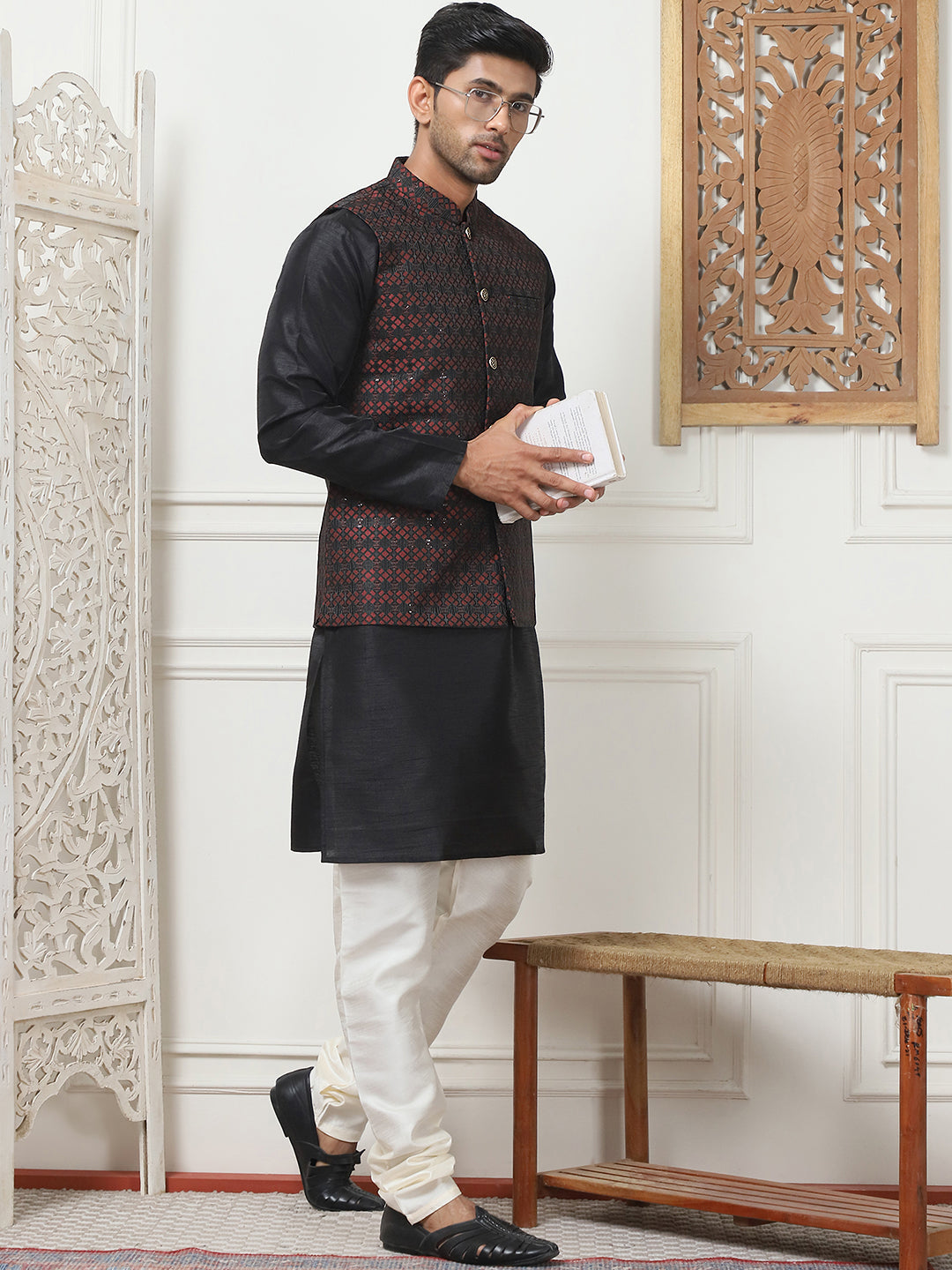 Woven Design Nehru Jacket With Solid Kurta Pyjama ( ANMKPWC 636B 7015Maroon )