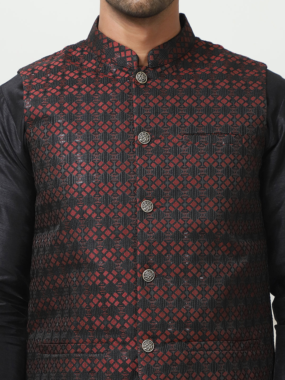 Woven Design Nehru Jacket With Solid Kurta Pyjama ( ANMKPWC 636B 7015Maroon )