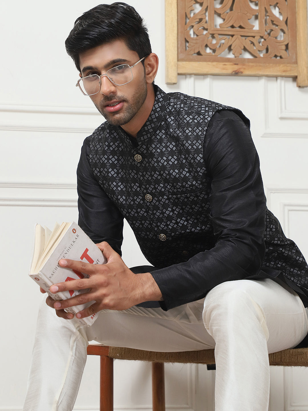 Woven Design Nehru Jacket With Solid Kurta Pyjama ( ANMKPWC 636B 7015Silver )