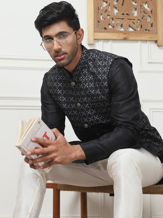 Woven Design Nehru Jacket With Solid Kurta Pyjama ( ANMKPWC 636B 7015Silver )