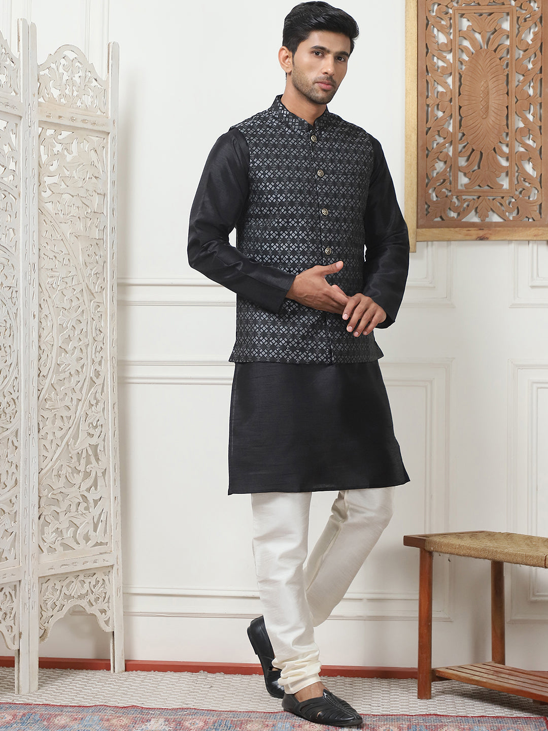 Woven Design Nehru Jacket With Solid Kurta Pyjama ( ANMKPWC 636B 7015Silver )