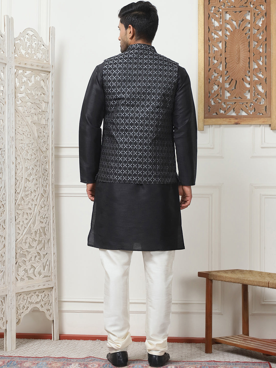 Woven Design Nehru Jacket With Solid Kurta Pyjama ( ANMKPWC 636B 7015Silver )