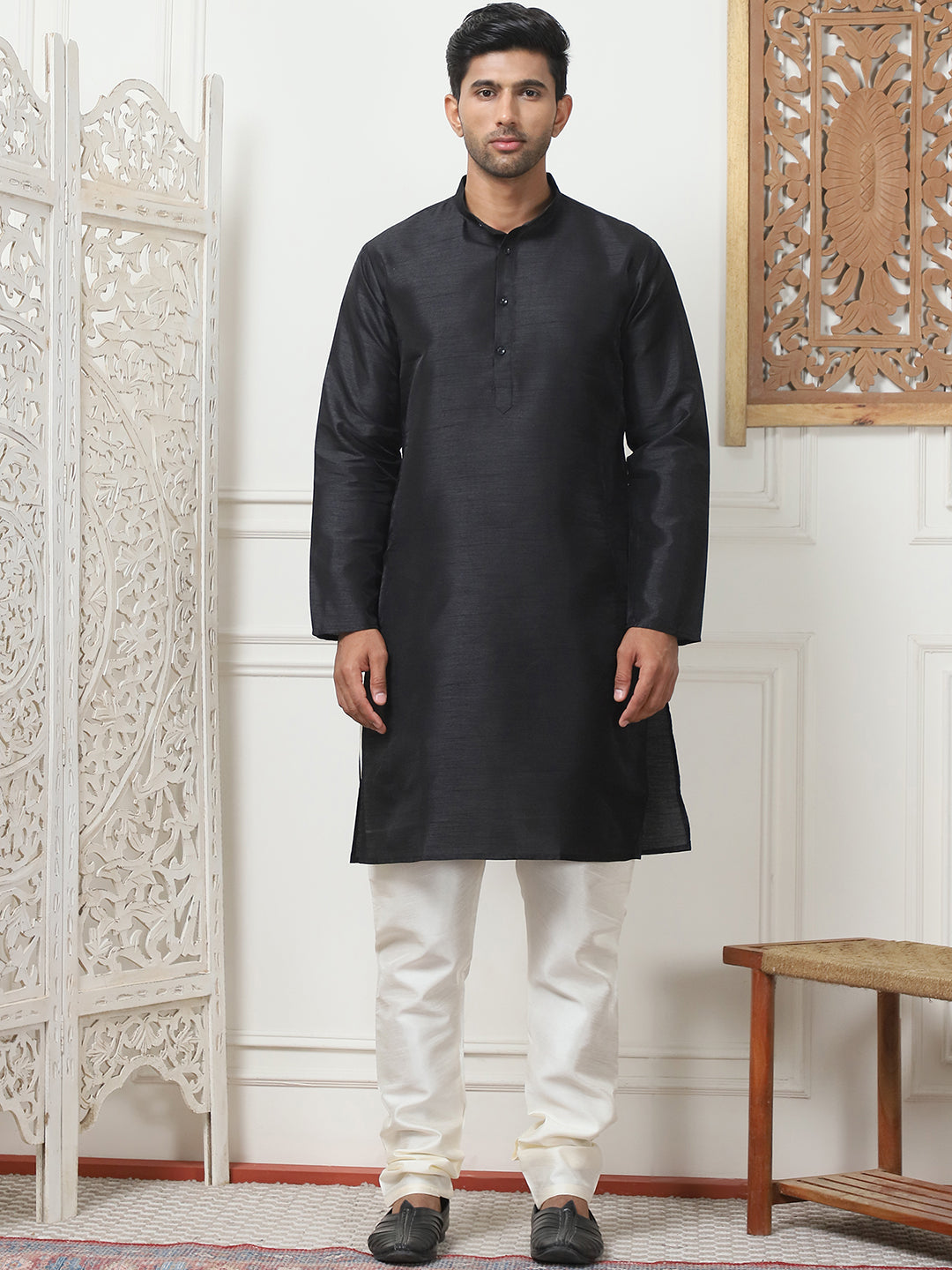 Woven Design Nehru Jacket With Solid Kurta Pyjama ( ANMKPWC 636B 7015Silver )