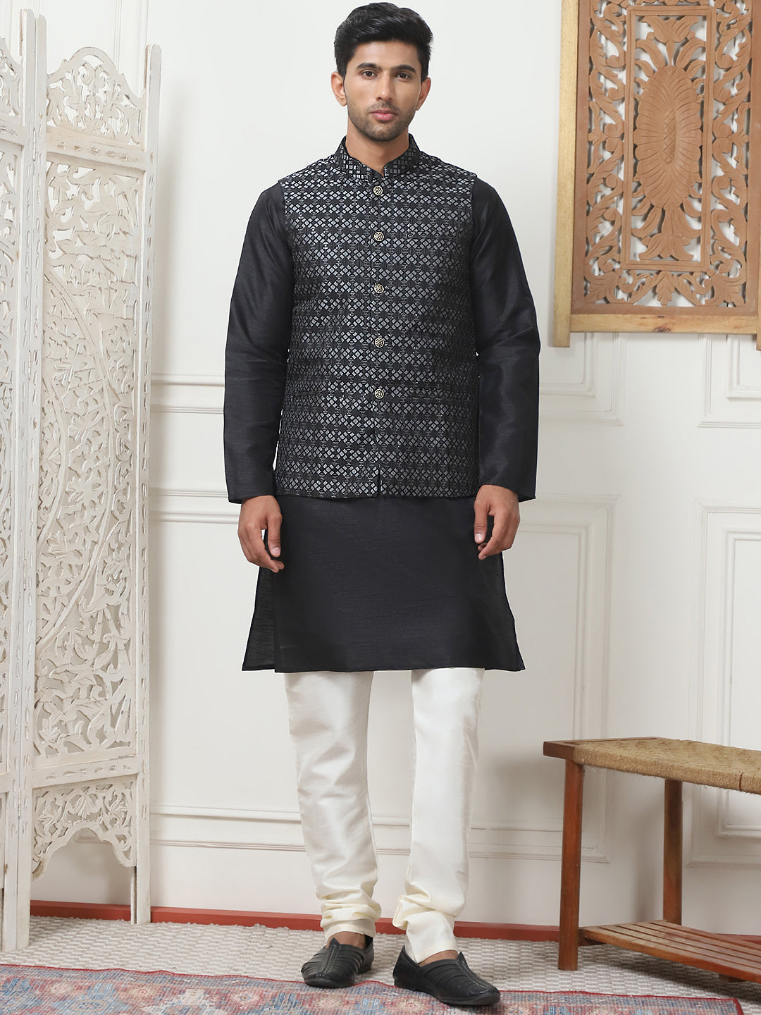 Woven Design Nehru Jacket With Solid Kurta Pyjama ( ANMKPWC 636B 7015Silver )