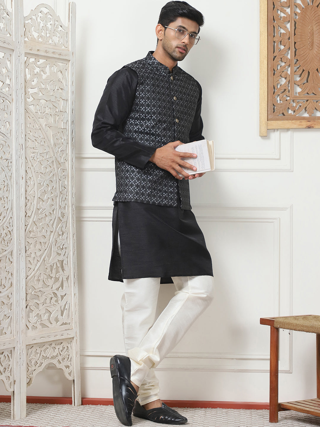 Woven Design Nehru Jacket With Solid Kurta Pyjama ( ANMKPWC 636B 7015Silver )