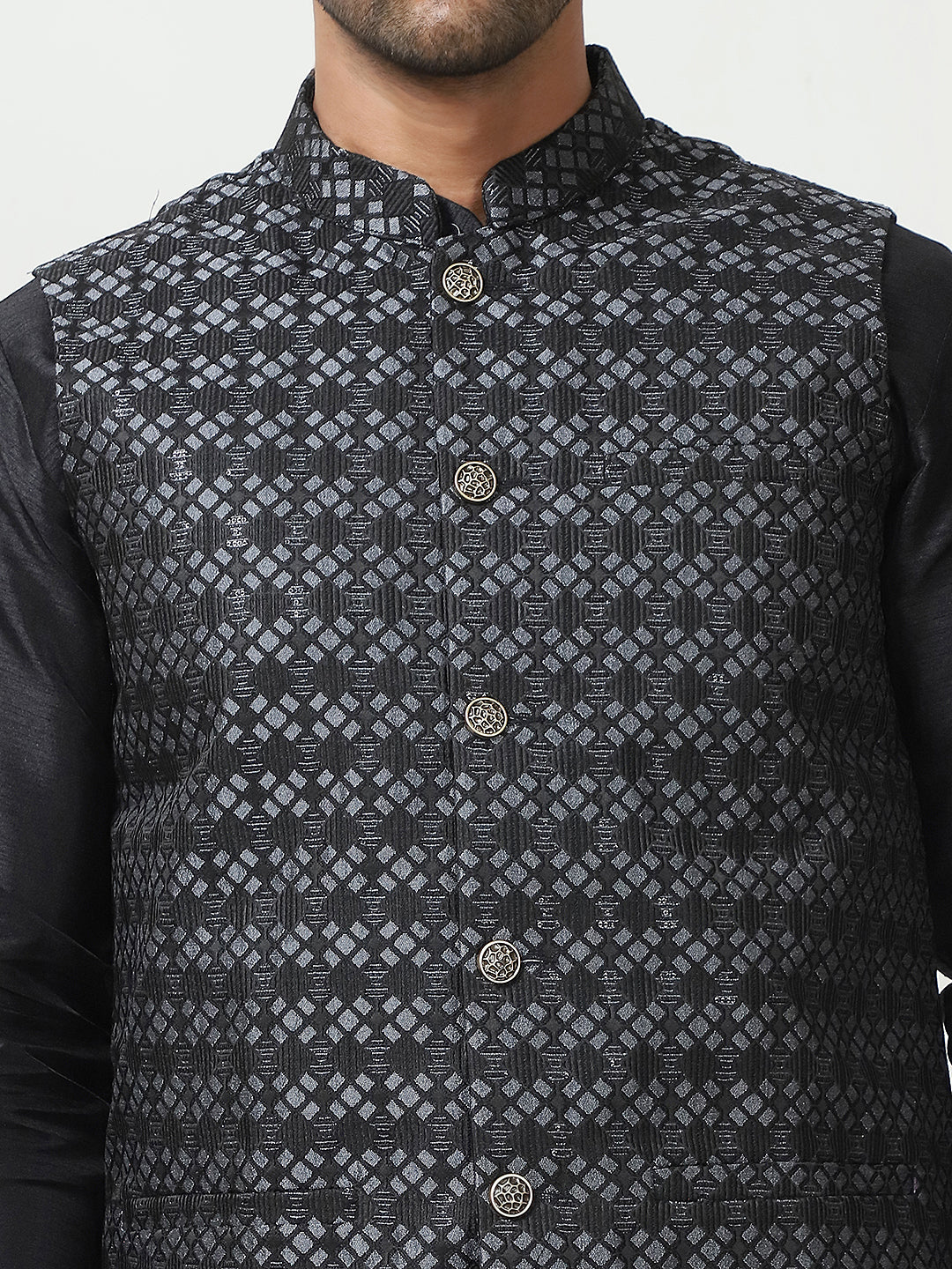 Woven Design Nehru Jacket With Solid Kurta Pyjama ( ANMKPWC 636B 7015Silver )