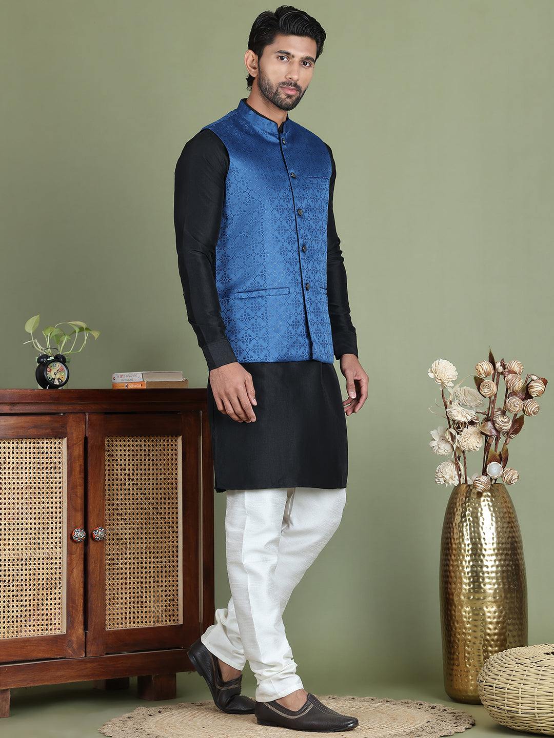 Men's Woven Design Nehru Jacket With Solid Kurta Pyjama ( ANMKPWC 592B 7019Blue )