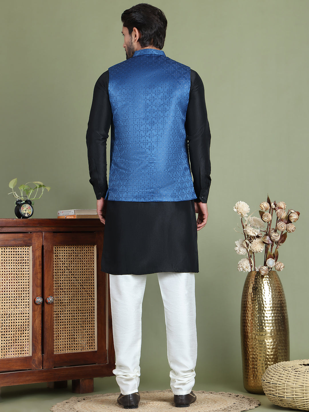Men's Woven Design Nehru Jacket With Solid Kurta Pyjama ( ANMKPWC 592B 7019Blue )