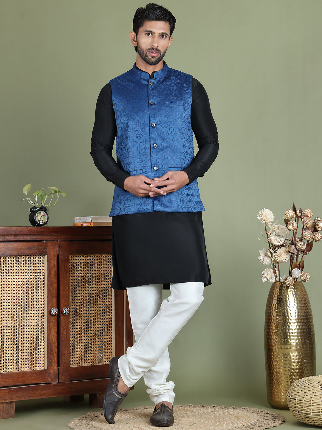 Men's Woven Design Nehru Jacket With Solid Kurta Pyjama ( ANMKPWC 592B 7019Blue )