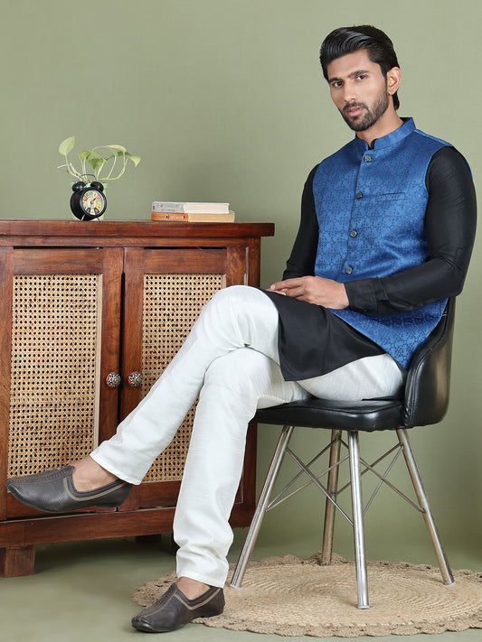 Men's Woven Design Nehru Jacket With Solid Kurta Pyjama ( ANMKPWC 592B 7019Blue )