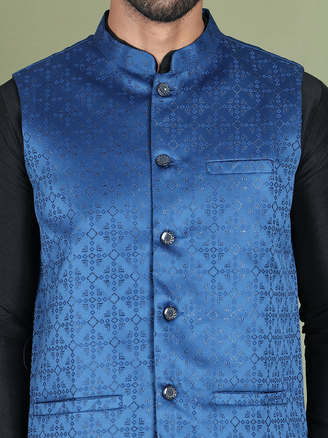 Men's Woven Design Nehru Jacket With Solid Kurta Pyjama ( ANMKPWC 592B 7019Blue )