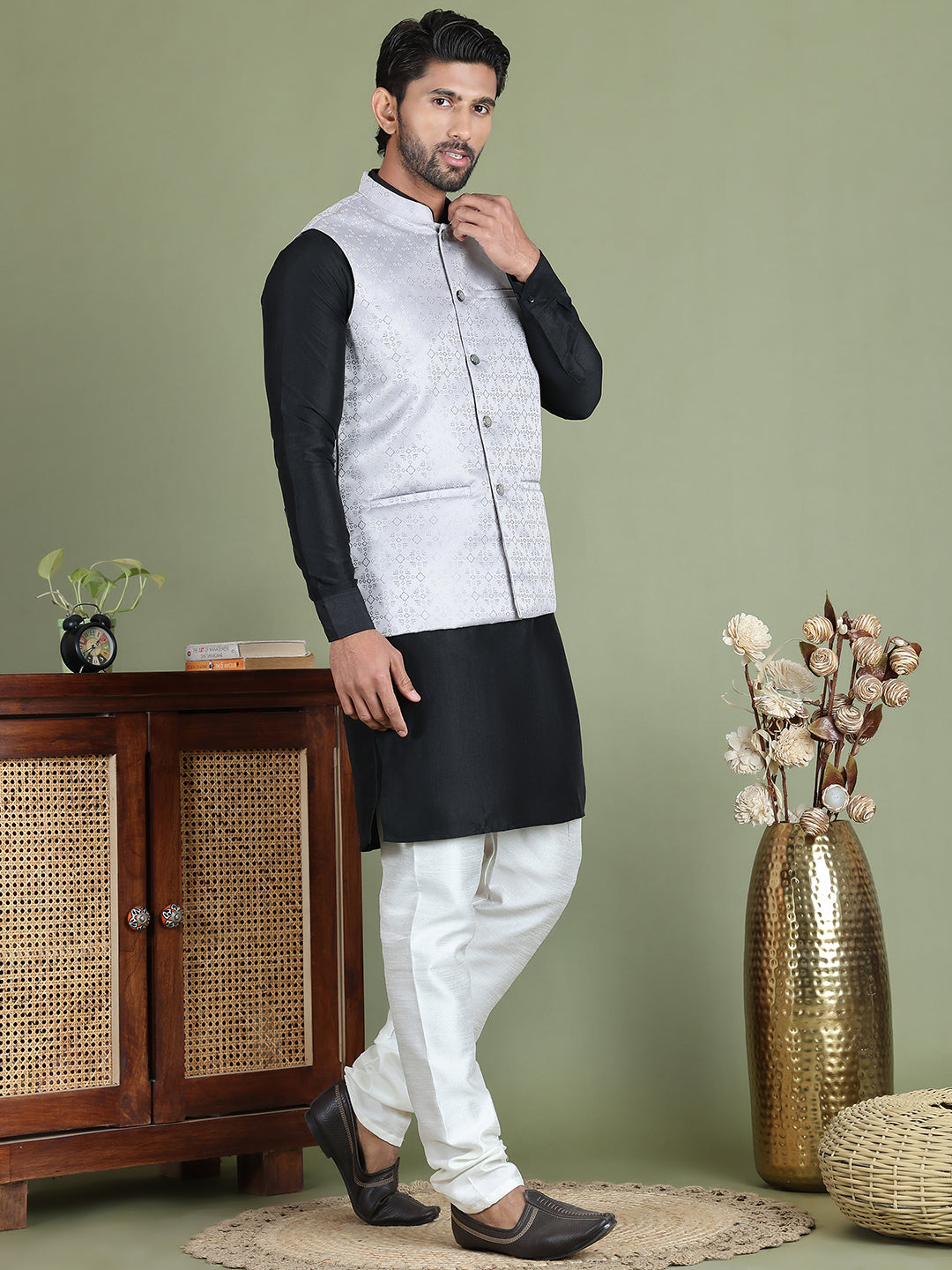 Men's Woven Design Nehru Jacket With Solid Kurta Pyjama ( ANMKPWC 592B 7019Silver )