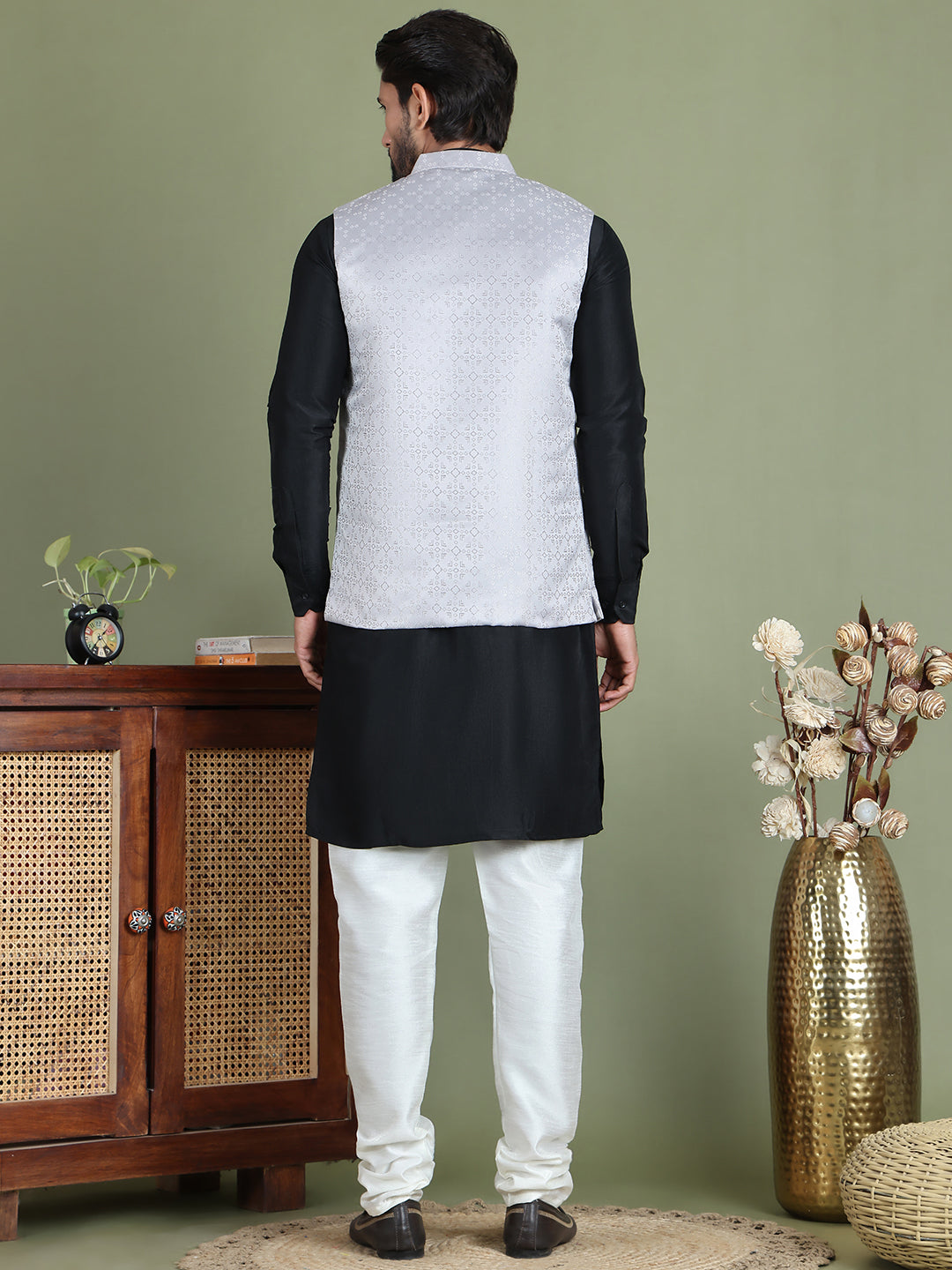 Men's Woven Design Nehru Jacket With Solid Kurta Pyjama ( ANMKPWC 592B 7019Silver )