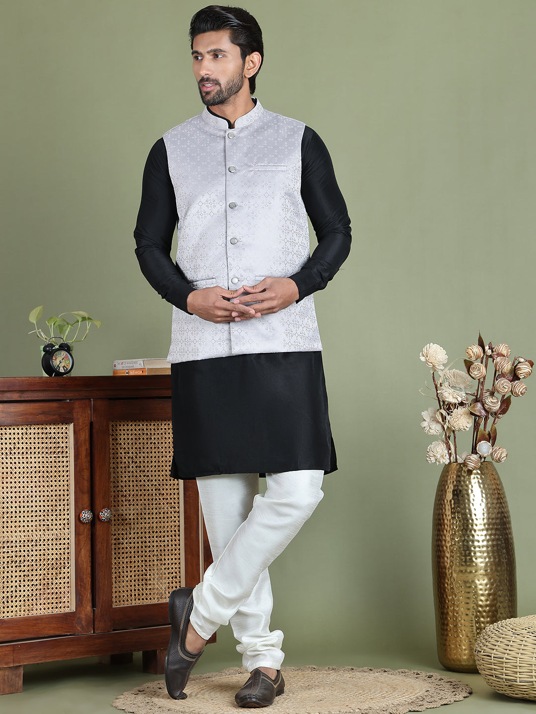 Men's Woven Design Nehru Jacket With Solid Kurta Pyjama ( ANMKPWC 592B 7019Silver )