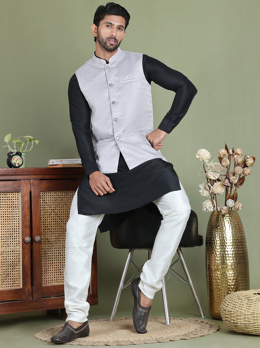Men's Woven Design Nehru Jacket With Solid Kurta Pyjama ( ANMKPWC 592B 7019Silver )