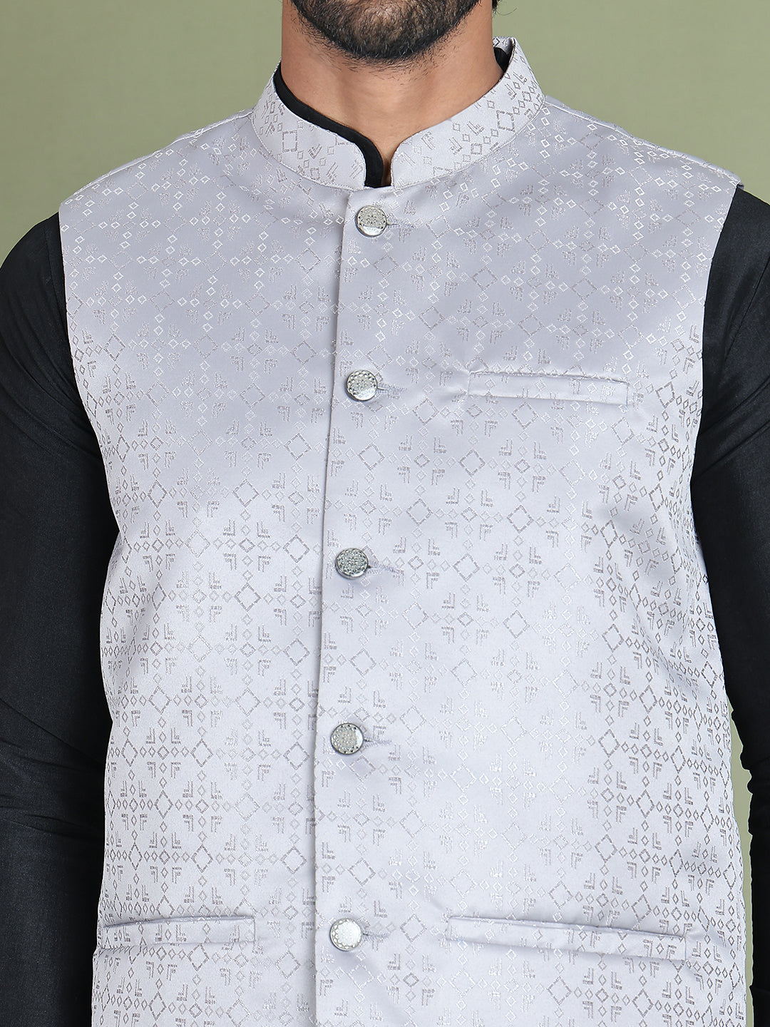 Men's Woven Design Nehru Jacket With Solid Kurta Pyjama ( ANMKPWC 592B 7019Silver )