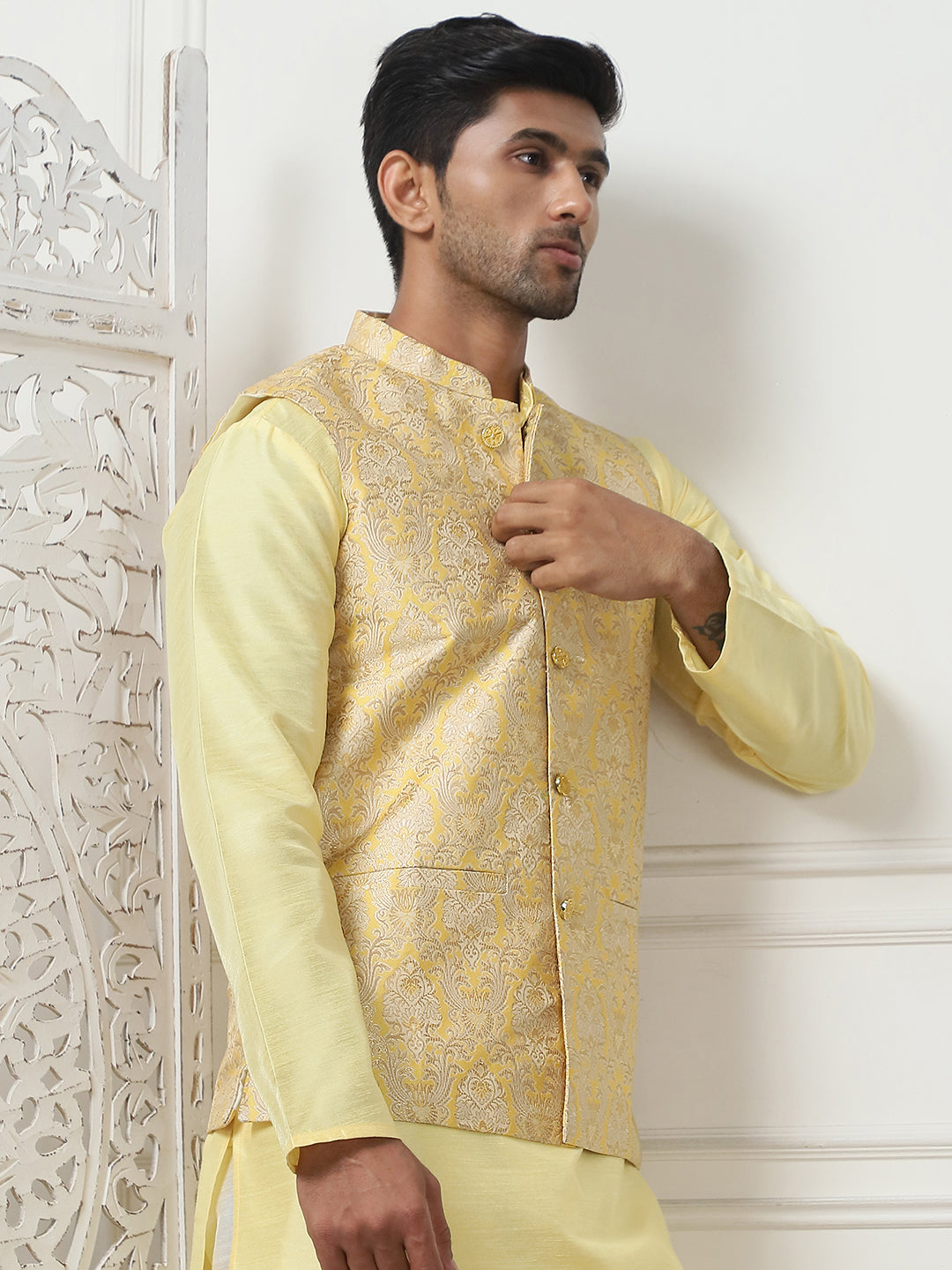 Woven Design Nehru Jacket With Solid Kurta Pyjama ( ANMKPWC 636L 7013Yellow )